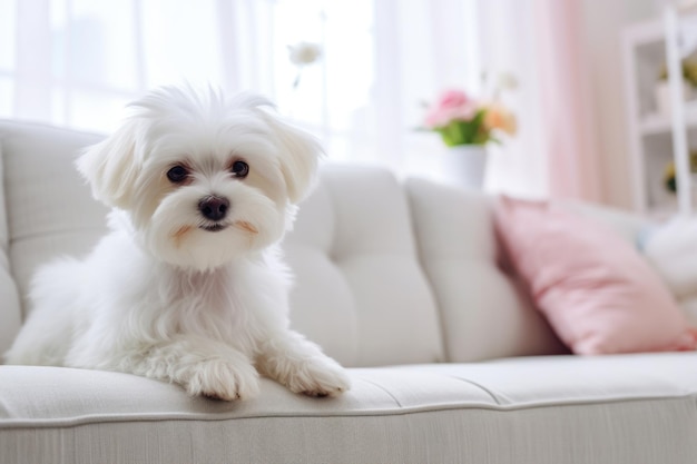 Adorable perro maltés blanco de pura raza en un sofá blanco en un interior moderno Cerrar espacio de copia Pedigrí