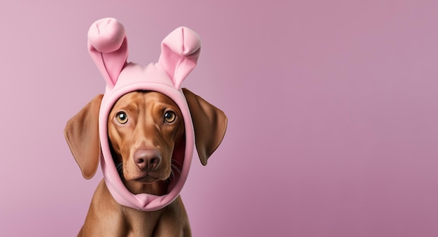 Adorable perro marrón con orejas de conejo rosas