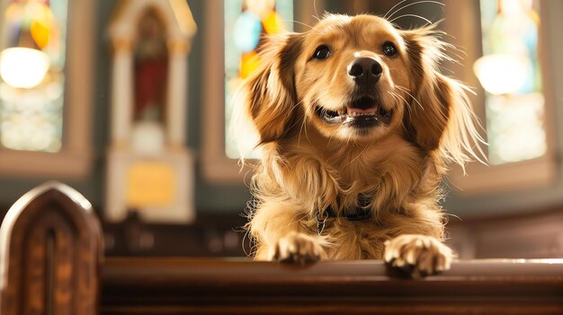 Un adorable perro de pelo largo marrón dorado está sentado en un banco de la iglesia mirando hacia arriba a las ventanas de vidrio con una expresión feliz en su cara