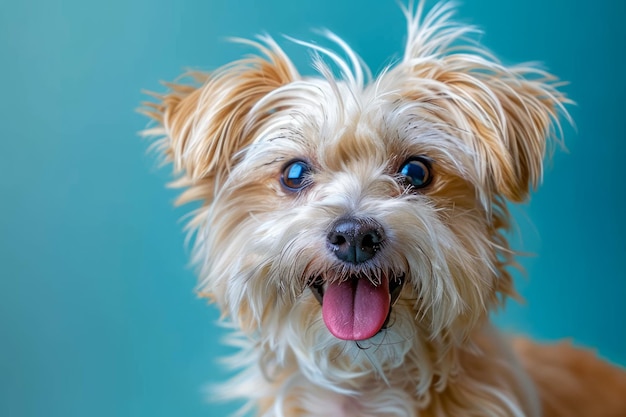 Adorable perro pequeño y esponjoso con pelaje peludo sonriendo Retrato de cerca contra un fondo azul