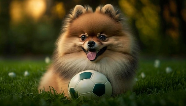 Adorable perro Pomerania divirtiéndose jugando al fútbol en un campo verde