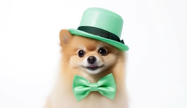 Foto adorable perro de pomerania vestido con sombrero verde y corbata para el día de san patricio