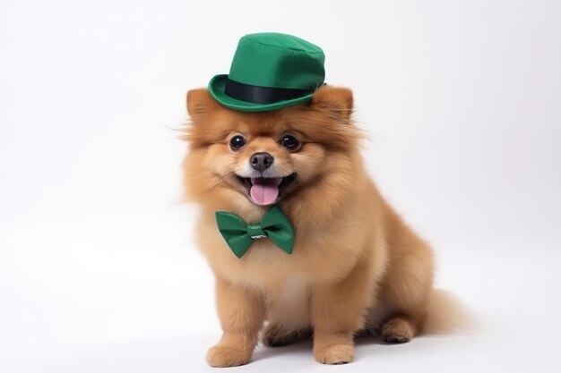 Foto adorable perro de pomerania vestido con sombrero verde y corbata para el día de san patricio