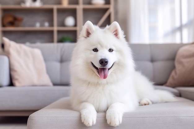 Adorable perro samoyedo en el salón moderno.