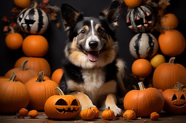 Adorable perro sentado en un huerto de calabazas