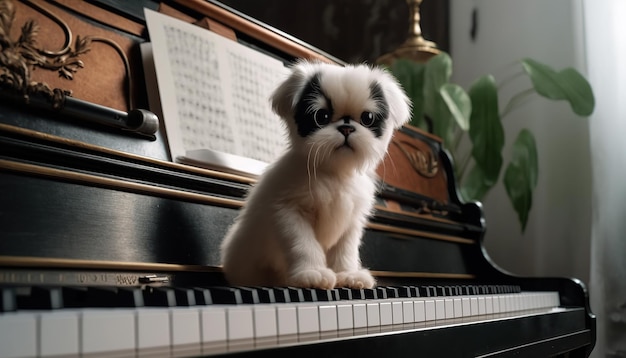 Adorable perro Shih Tzu en el piano