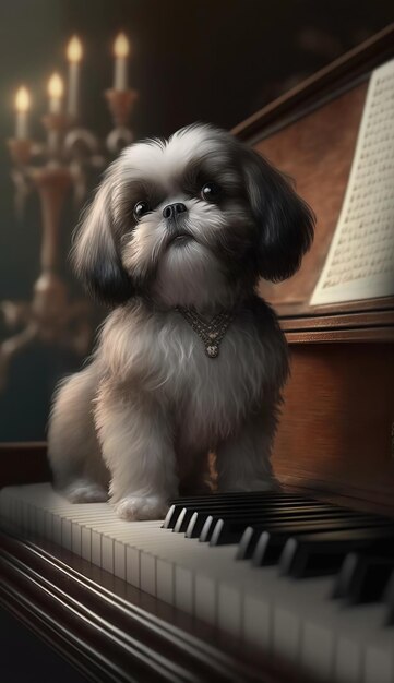 Adorable perro Shih Tzu en el piano