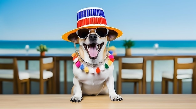 Foto adorable perro con sombrero mexicano y gafas de sol en la playa cinco de mayo