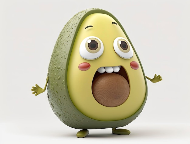 Adorable personaje de aguacate de dibujos animados en 3D sobre fondo blanco