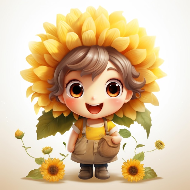 Adorable personaje de girasol chibi aislado extendiendo sol y alegría