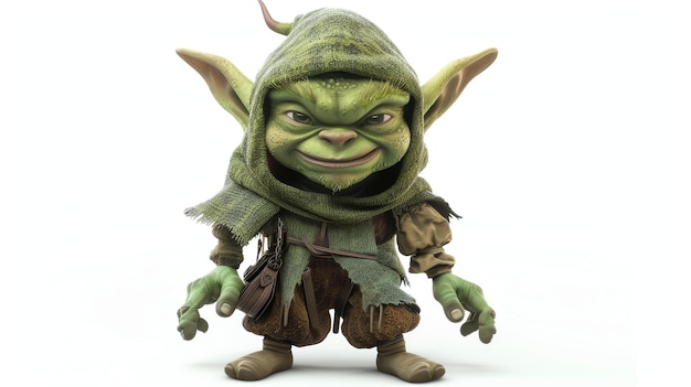 Un adorable personaje goblin 3D lleno de travesura y encanto en un fondo blanco limpio perfecto para agregar un toque de capricho a cualquier proyecto