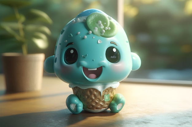 Un adorable personaje de helado en 3D con grandes ojos y una dulce sonrisa.