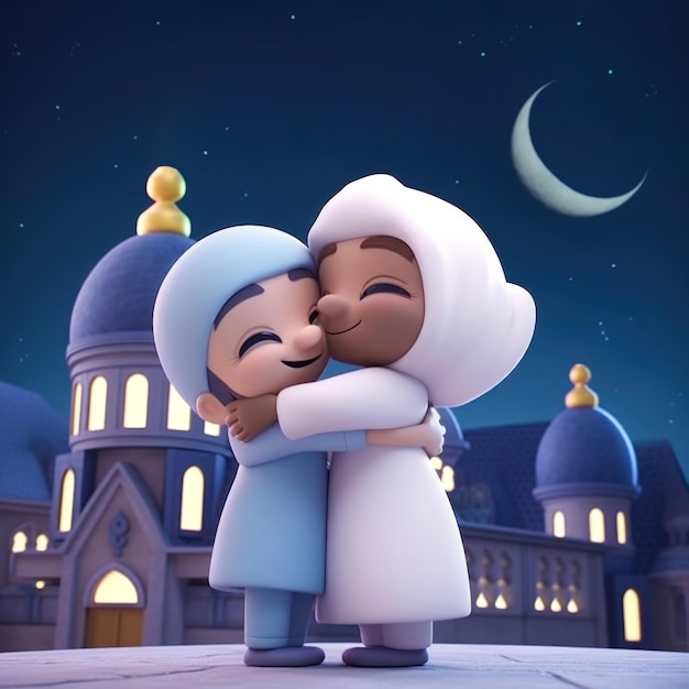 Adorable personaje de niños musulmanes abrazándose y deseándose mutuamente con la Mezquita Eid Mubarak Concept Generative AI