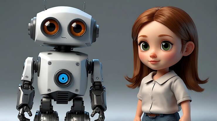 Foto adorable personaje robot 3d con grandes ojos expresivos