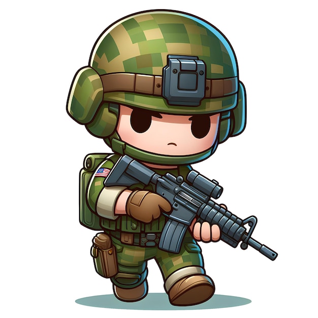 adorable personaje de soldado con arma caricatura de dibujos animados