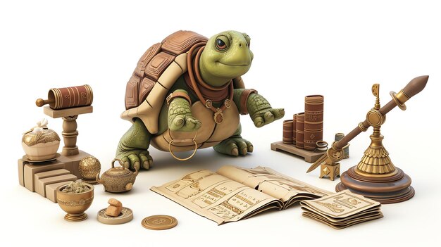 Adorable personaje de tortuga 3D transformado en un experimentado historiador antiguo rodeado de pergaminos y artefactos antiguos esta cautivadora imagen de stock reúne la ternura y la inteligencia
