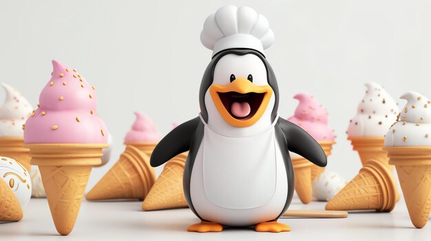 Foto adorable pingüino chef 3d vestido con un delantal y sosteniendo una cuchara ansiosamente sirve un delicioso helado en una encantadora heladería alrededor del pingüino hay coloridos conos de helado