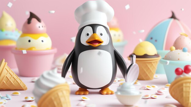 Foto adorable pingüino chef en 3d vestido con un delantal y sosteniendo una cuchara ansiosamente sirve un delicioso helado en una encantadora heladería alrededor del pingüino hay coloridos conos de helado