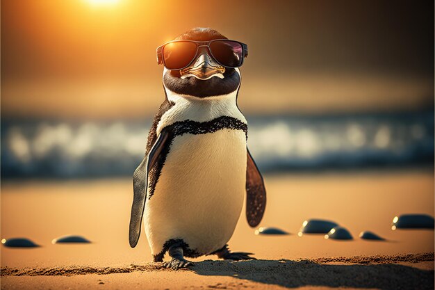 Adorable pingüino con gafas de sol en la playa