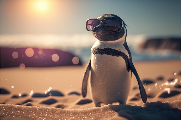 Adorable pingüino con gafas de sol en la playa