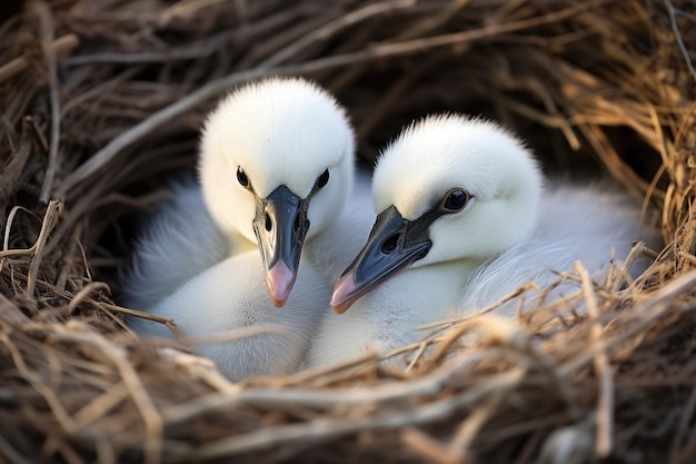 Adorable primer plano de dos cisnes bebés en un nido