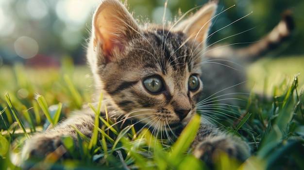 Adorable primer plano de un pequeño gatito disfrutando de travesuras lúdicas en la vibrante hierba verde