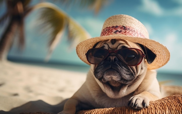 Adorable Pug con elegante sombrero de paja y gafas de sol contemporáneas Relajante IA generativa