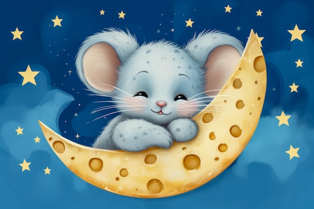 Adorable ratón bebé dormido en una luna de queso rodeado de estrellas titilantes