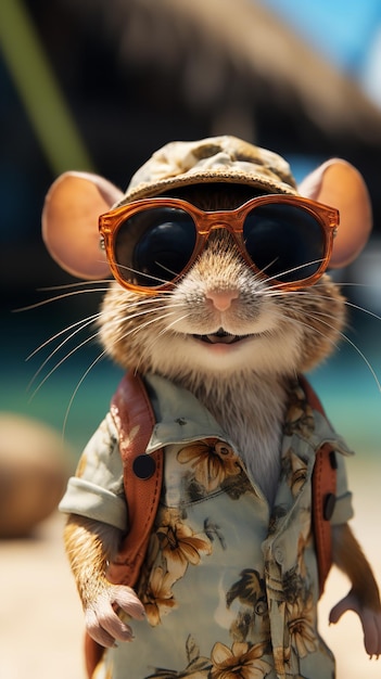 Adorable ratón humorístico en una playa con una camisa hawaiana y gafas de sol IA generativa