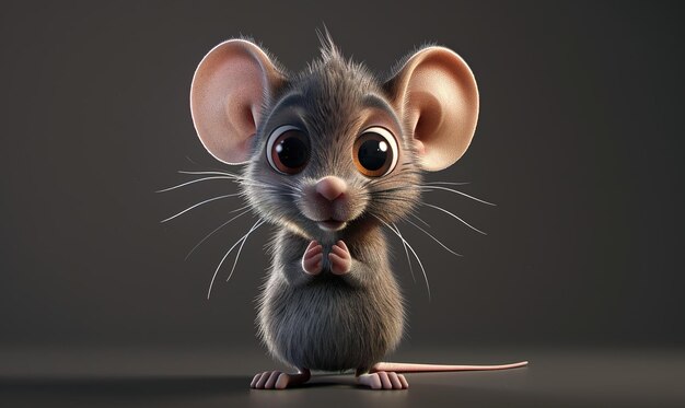 Adorable ratón ilustrado con ojos y orejas grandes de pie en un entorno débilmente iluminado mirando curioso y lindo