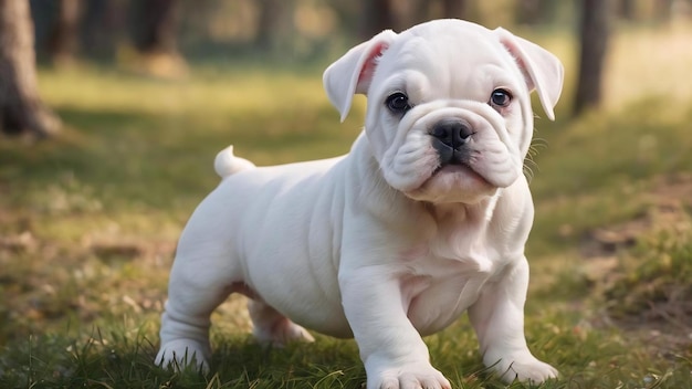 Adorable retrato de un cachorro de bulldog blanco