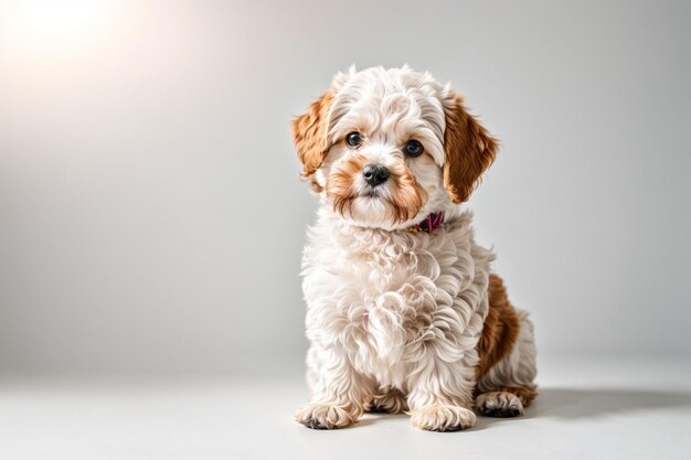 Foto adorable retrato canino feliz cachorro de perro faldero sentado en el estudio