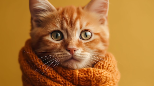 Adorable retrato de gatito rojo envuelto en una bufanda de punto posando sobre una manta amarilla