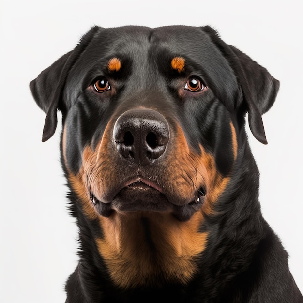 Adorable retrato de perro rottweiler mirando una cámara aislada sobre fondo blanco como concepto de mascota doméstica con un deslumbrante detalle hiperrealista de Generative AI