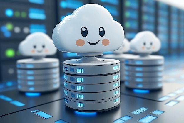 Adorable robot con temática de nube de pie entre pilas de servidores de datos que simbolizan el amistoso y apr