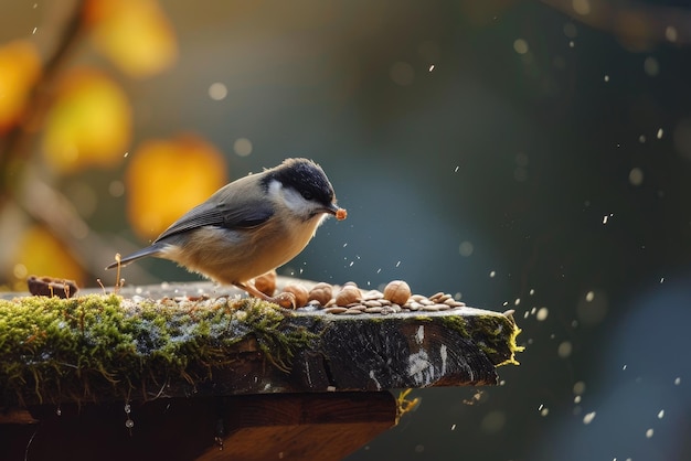 Adorable tit del pantano Parus palustris comiendo semillas