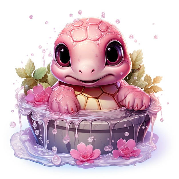 Foto adorable tortuga rosada en el agua rodeada de burbujas y plantas con una expresión lúdica y caprichosa