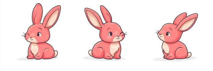 Foto adorable trío de conejos de dibujos animados rojos en poses lúdicas sobre un fondo blanco