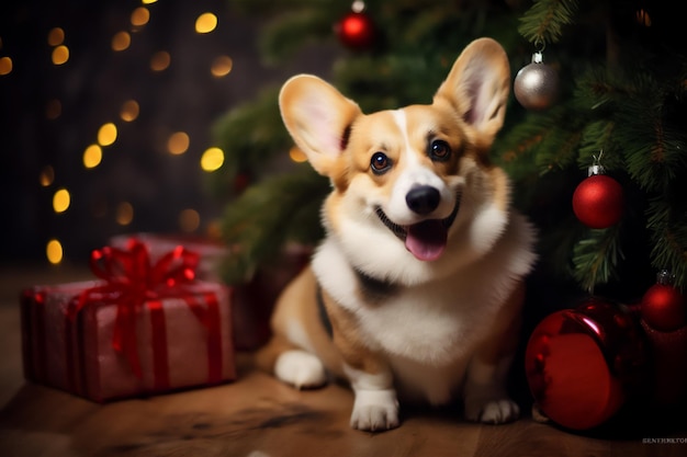 El adorable Welsh Corgi Pembroke celebrando un Feliz Año Nuevo y una Feliz Navidad