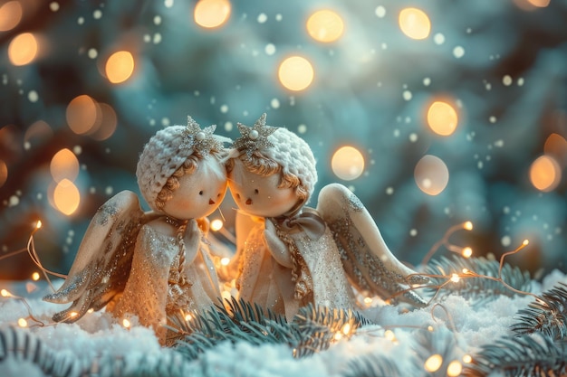 Adorables ángeles de Navidad con luces y copias del espacio Generative Ai