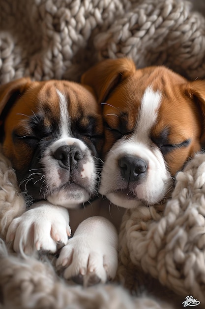 Adorables cachorros boxer dormidos juntos envueltos en una acogedora manta y esponjosos compañeros caninos en el sueño AI