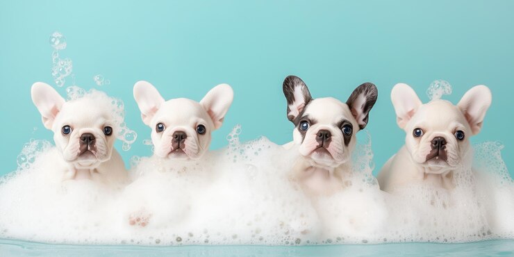 Adorables cachorros de bulldog francés sentados en una fila completamente en espuma con burbujas alrededor
