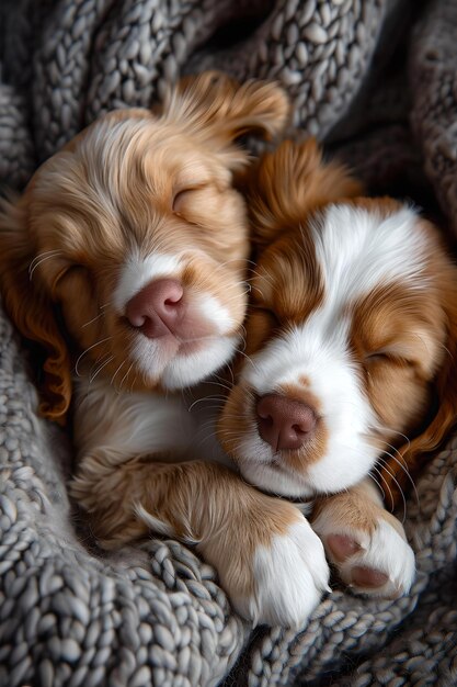 Adorables cachorros hermanos duermen pacíficamente juntos envueltos en una cubierta acogedora imagen perfecta de serenidad e inocencia IA