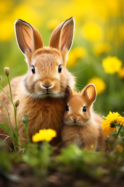 Adorables conejitos se acurrucan con su madre en un campo iluminado por el sol, mostrando la calidez y el vínculo de