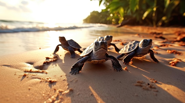 Adorables crías de tortugas se abren camino a través de una playa de arena sus pequeños cuerpos arrastrándose con determinación generados por la IA