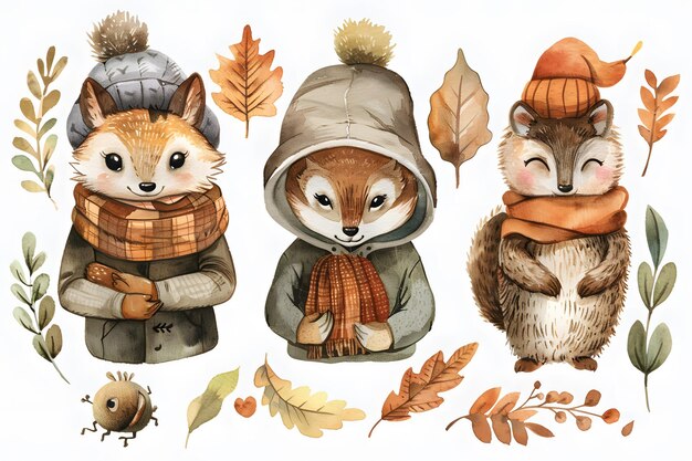 Adorables criaturas del bosque con cómodos trajes de otoño