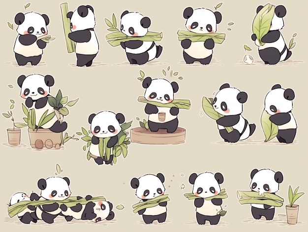 Adorables crónicas de pandas Múltiples poses y expresiones con bambú
