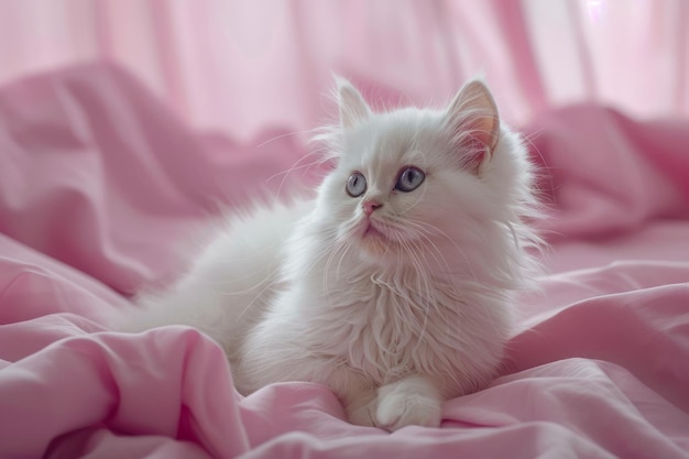 Adorables flauschiges weißes Kätzchen ruht auf weichem rosa Betttuch, süßes Katzchen mit leuchtenden starren Augen.