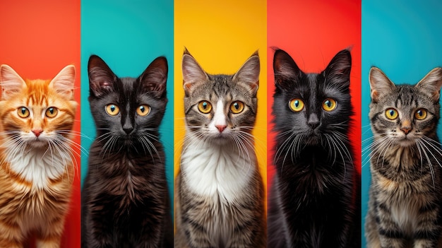 Los adorables gatitos se alinean contra un fondo cálido y colorido