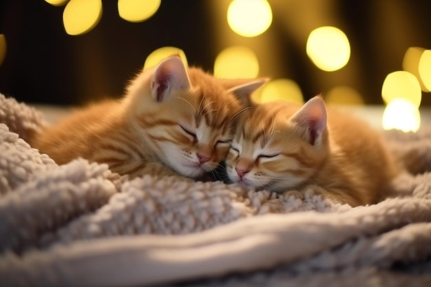 Adorables gatitos en una manta en una cama por la noche Generativo Ai